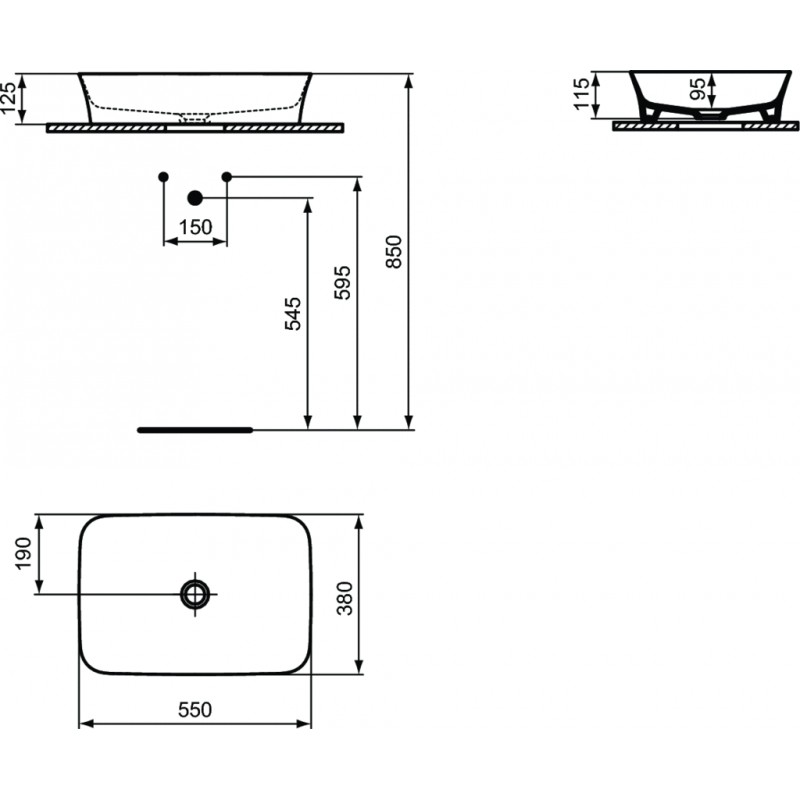 scheda tecnica lavabo d'appoggio 550x380x115mm Ideal standard ipalys bianco ultrasottile rettangolare